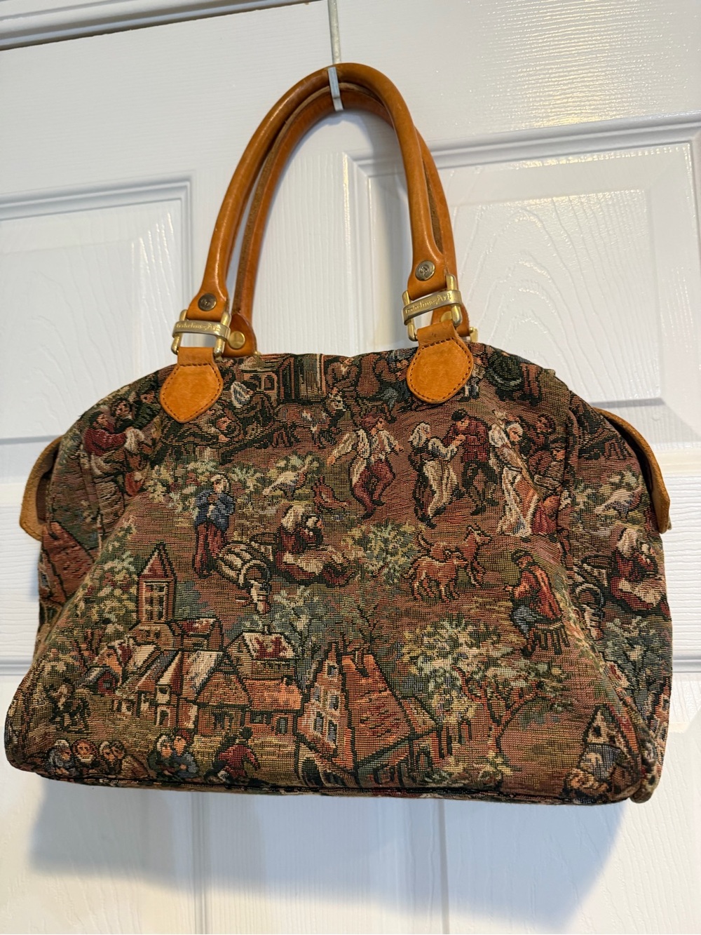 Brown Tapestry Satchel with Tan Leather Handles - Picture 5 of 5